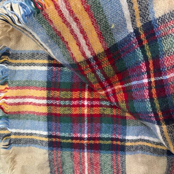 Cream Red Yellow Colorful Plaid Blanket Scarf One Size - Picture 2 of 2